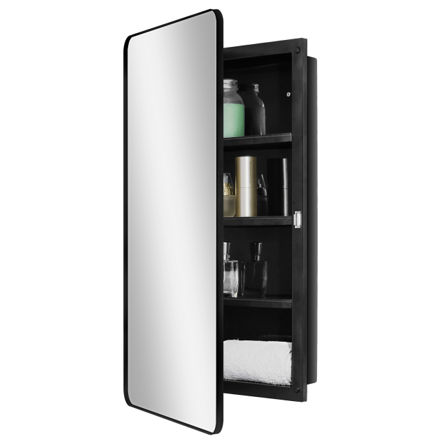 Fundin Black Plastic Medicine Cabinet, Mirror Door with Round Corner Metal Frame, Recessed and Surface Mount Bathroom Wall Medicine Cabinet, 16 x 28 inch Mirror Size