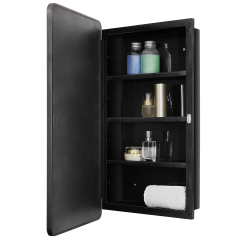 Fundin Black Plastic Medicine Cabinet, Mirror Door with Round Corner Metal Frame, Recessed and Surface Mount Bathroom Wall Medicine Cabinet, 16 x 28 inch Mirror Size