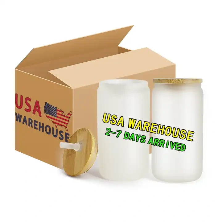 US warehouse stocked 16oz sublimation blanks beer mug drinking glasses can tumbler with bamboo lids and glass straw