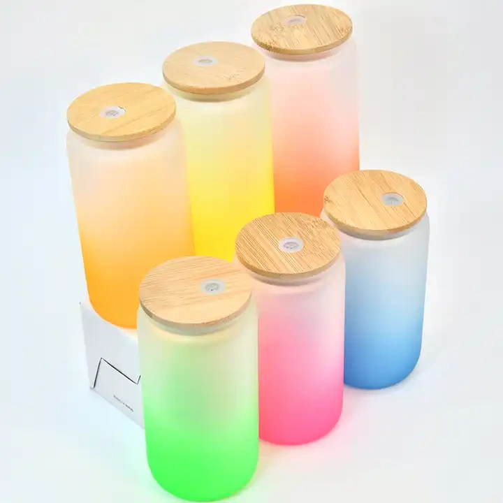 Hot Sale US Warehouse 16oz 20oz Frosted gradient color coffee soda shaped beer Sublimation Glass can with bamboo lid  (25pcs/case)