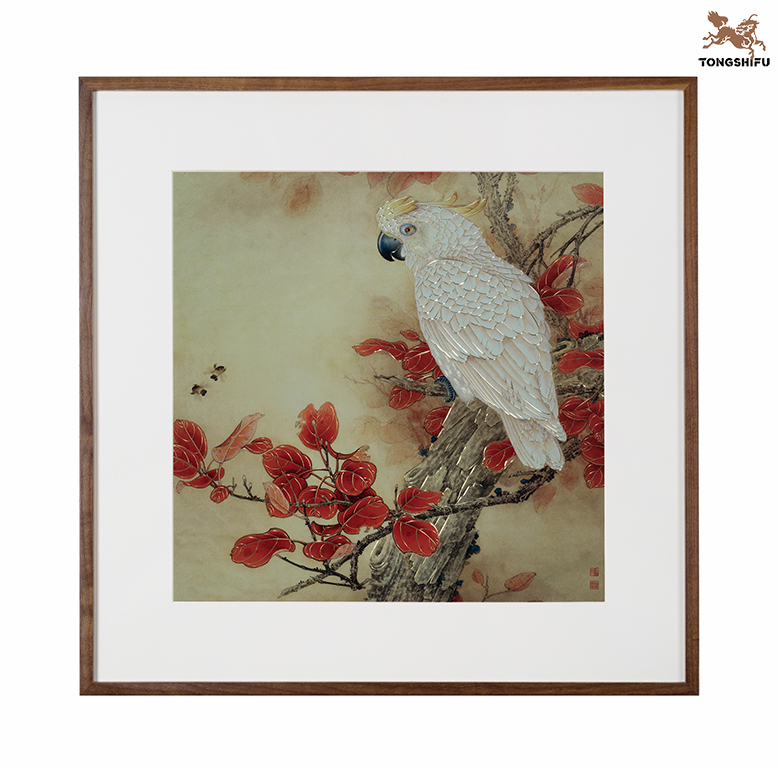 VIBRANT PARROT IN RED LEAVES