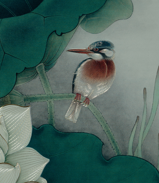 KINGFISHER RESTING ON WHITE LOTUS