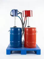 Part A and Part B drums fitted with transfer pumps on a pallet