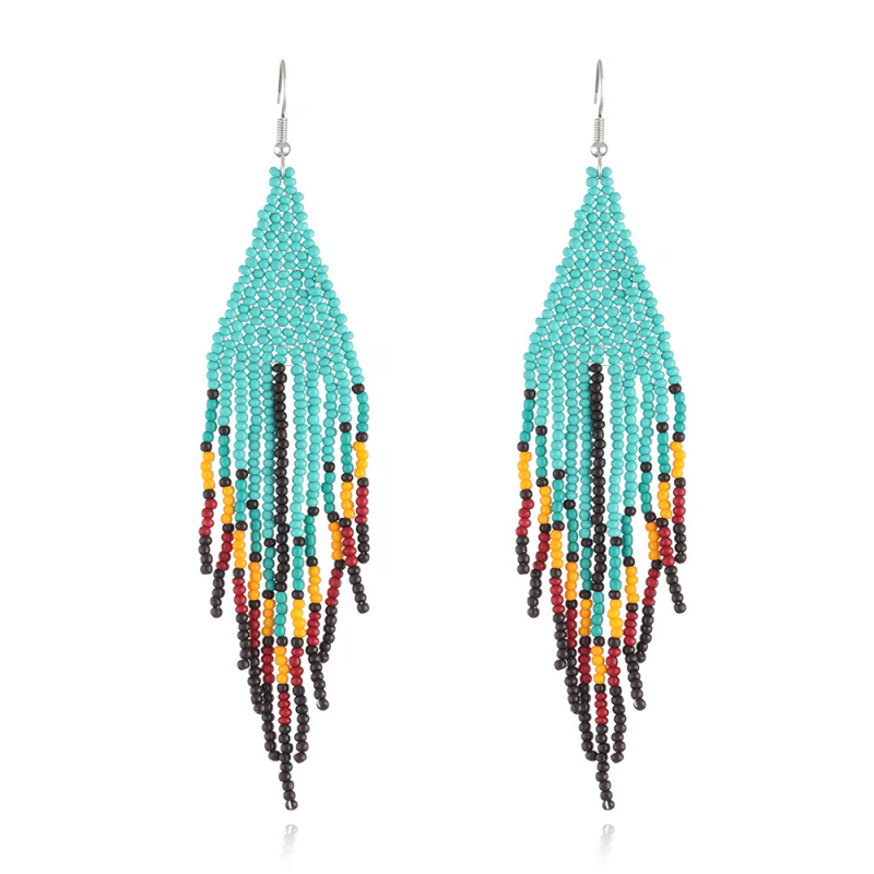 Turquoise Fringed Rice Beads Earrings