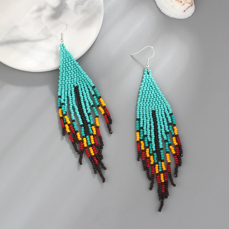 Turquoise Fringed Rice Beads Earrings