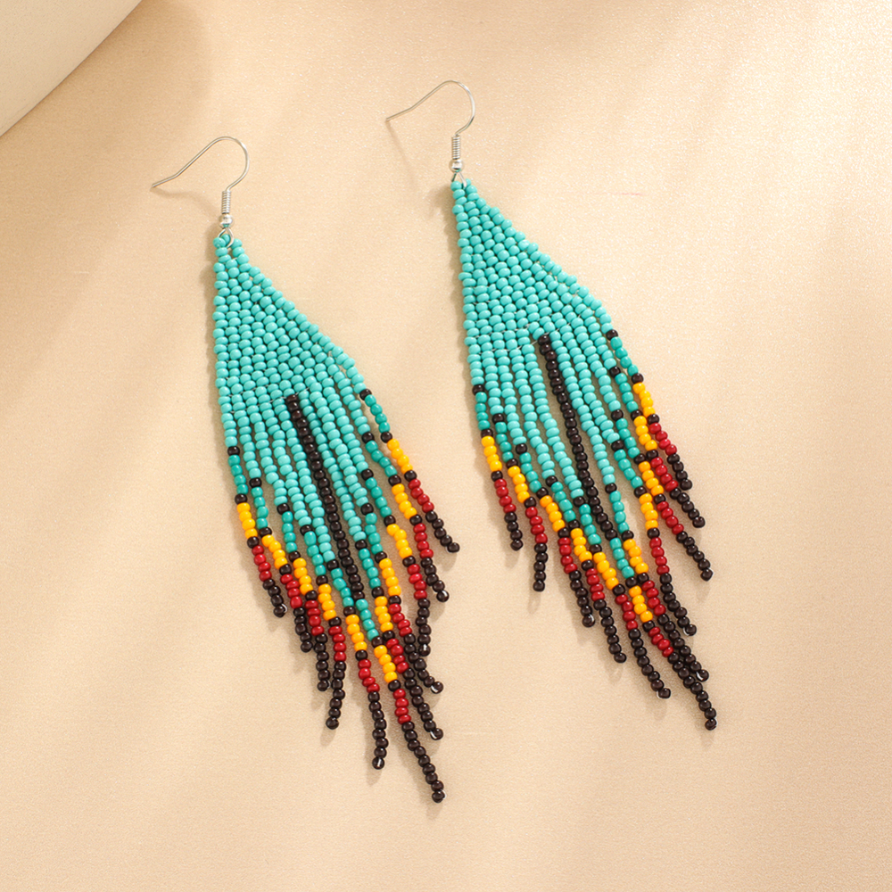 Turquoise Fringed Rice Beads Earrings