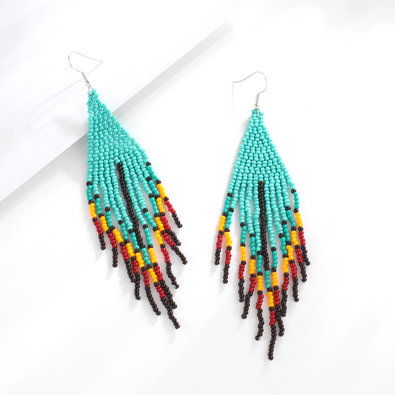 Turquoise Fringed Rice Beads Earrings
