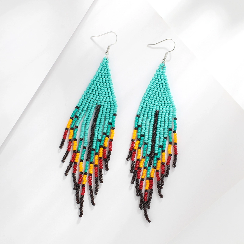 Turquoise Fringed Rice Beads Earrings