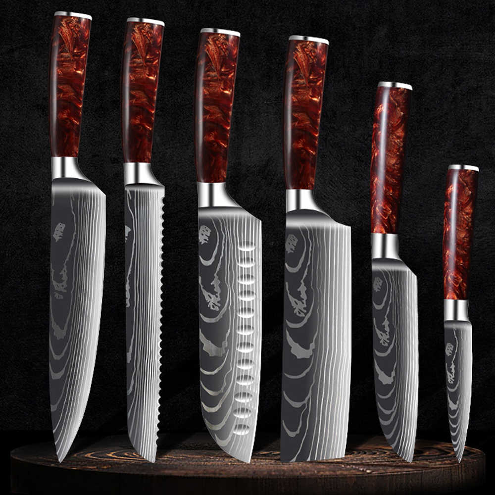 LIONWOLVES Red Handle Japanese Laser Damascus Pattern Kitchen Knife Set & Scabbard Magnetic Knife Holder Chef Knife Bag Block Sharpener Rod