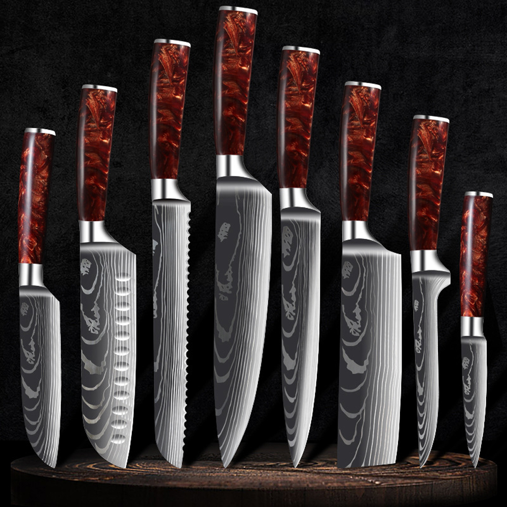 LIONWOLVES Red Handle Japanese Laser Damascus Pattern Kitchen Knife Set & Scabbard Magnetic Knife Holder Chef Knife Bag Block Sharpener Rod