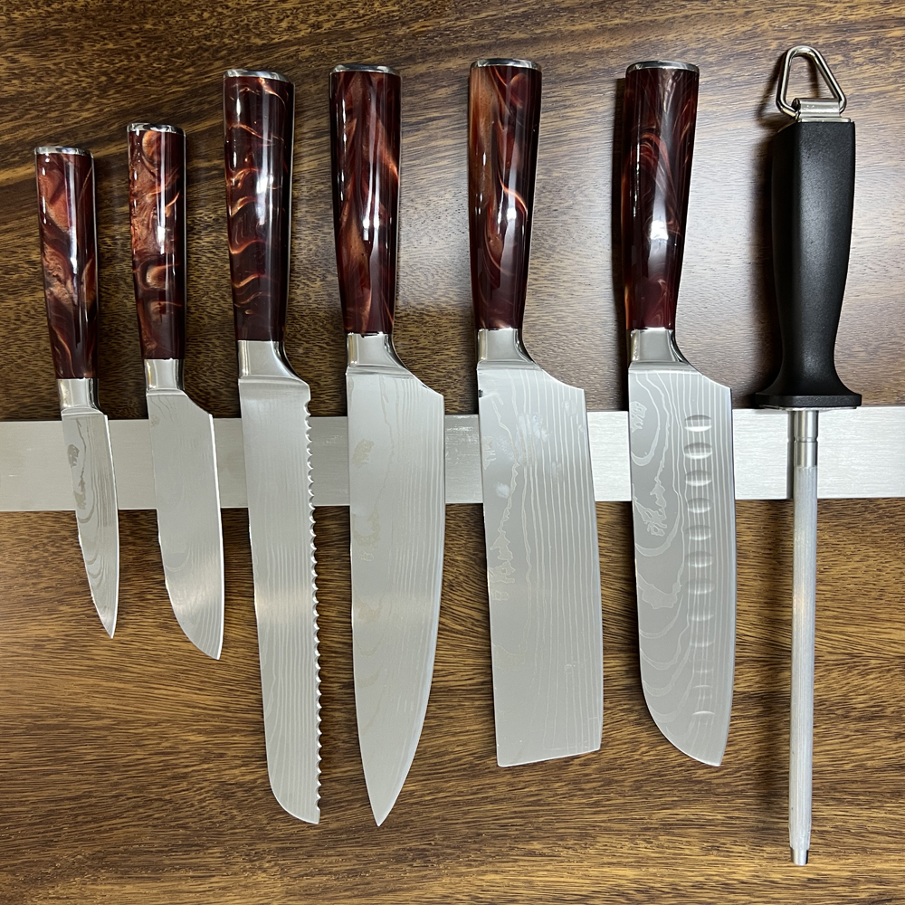 LIONWOLVES Red Handle Japanese Laser Damascus Pattern Kitchen Knife Set & Scabbard Magnetic Knife Holder Chef Knife Bag Block Sharpener Rod