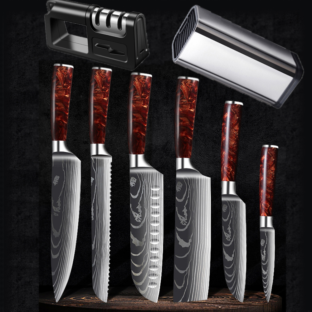 LIONWOLVES Red Handle Japanese Laser Damascus Pattern Kitchen Knife Set & Scabbard Magnetic Knife Holder Chef Knife Bag Block Sharpener Rod