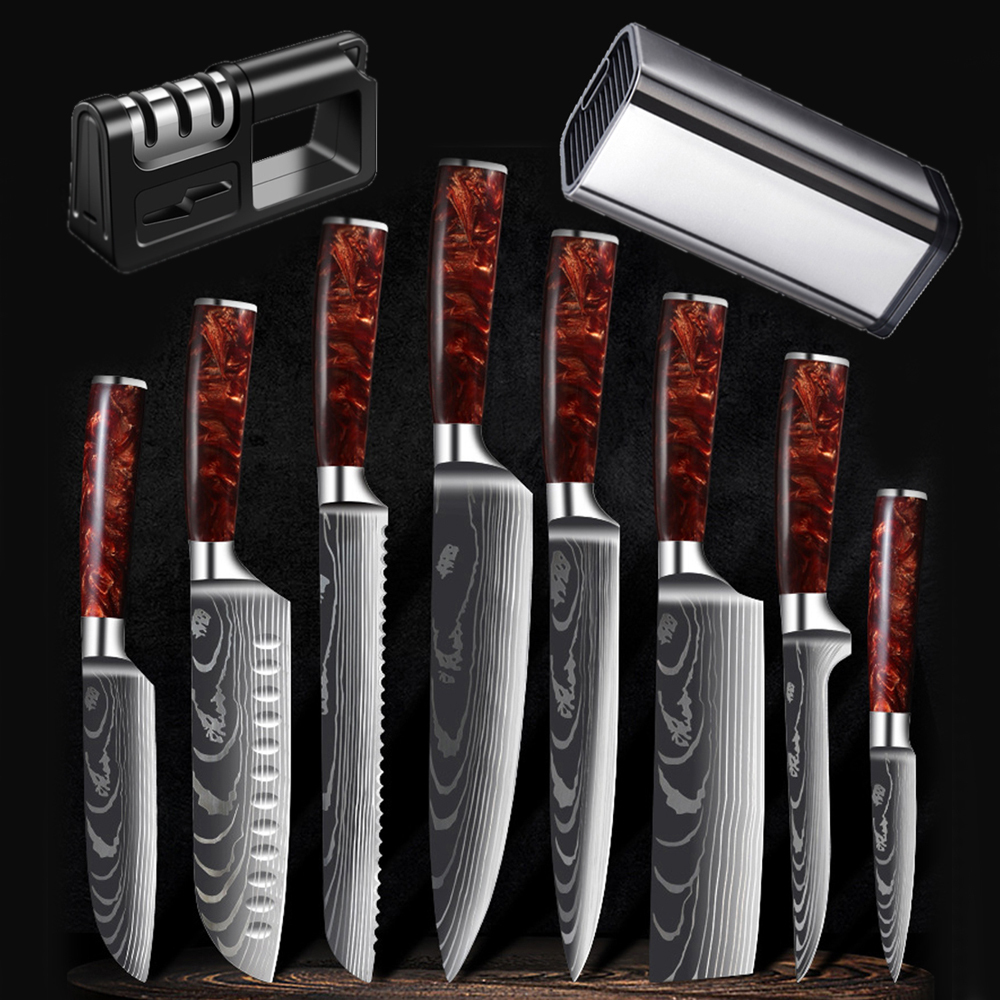 LIONWOLVES Red Handle Japanese Laser Damascus Pattern Kitchen Knife Set & Scabbard Magnetic Knife Holder Chef Knife Bag Block Sharpener Rod