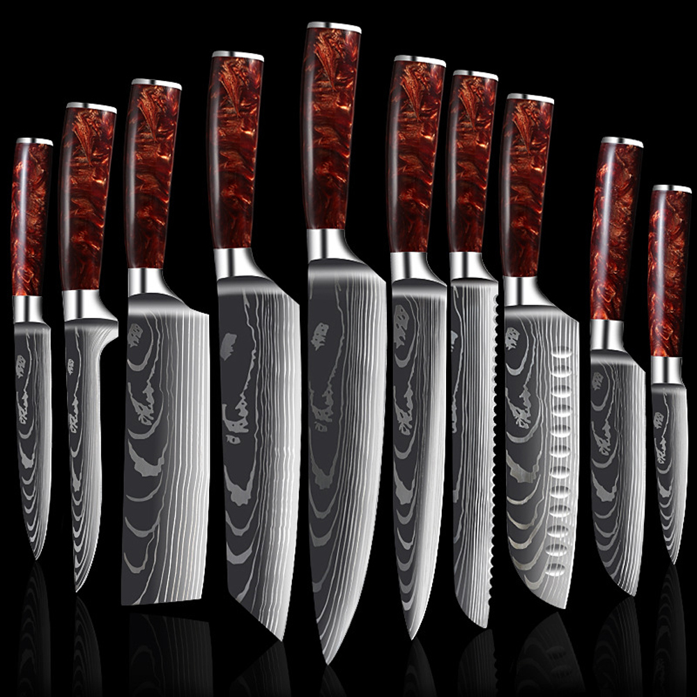 LIONWOLVES Red Handle Japanese Laser Damascus Pattern Kitchen Knife Set & Scabbard Magnetic Knife Holder Chef Knife Bag Block Sharpener Rod