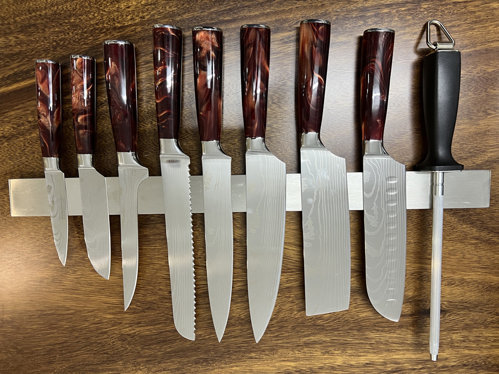 LIONWOLVES Red Handle Japanese Laser Damascus Pattern Kitchen Knife Set & Scabbard Magnetic Knife Holder Chef Knife Bag Block Sharpener Rod