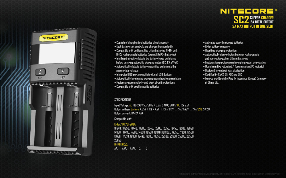 NITECORE SC2 SUPERB CHARGER 3A Fast Charger IMR For 18650 16340 14500 26650 Li-ion & Ni-MH