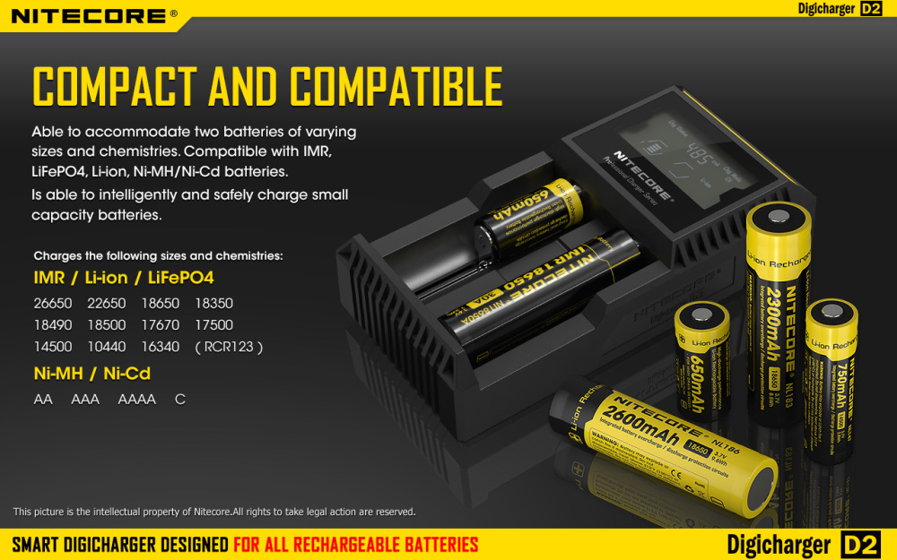NITECORE D2 Digi Charger LED For 18650 16340 14500 26650 Li-ion & Ni-MH