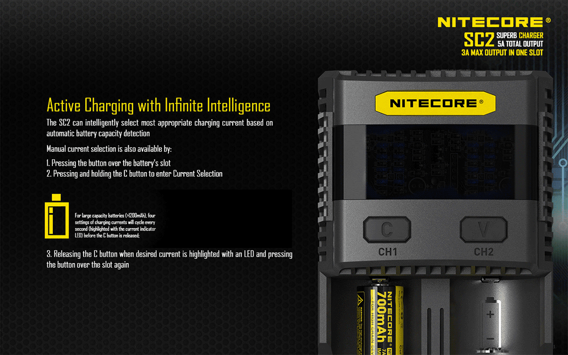 NITECORE SC2 SUPERB CHARGER 3A Fast Charger IMR For 18650 16340 14500 26650 Li-ion & Ni-MH