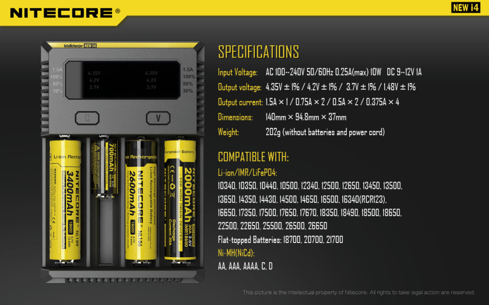 NITECORE New I4 Intelli Charger For 18650 16340 26650 Li-ion & Ni-MH