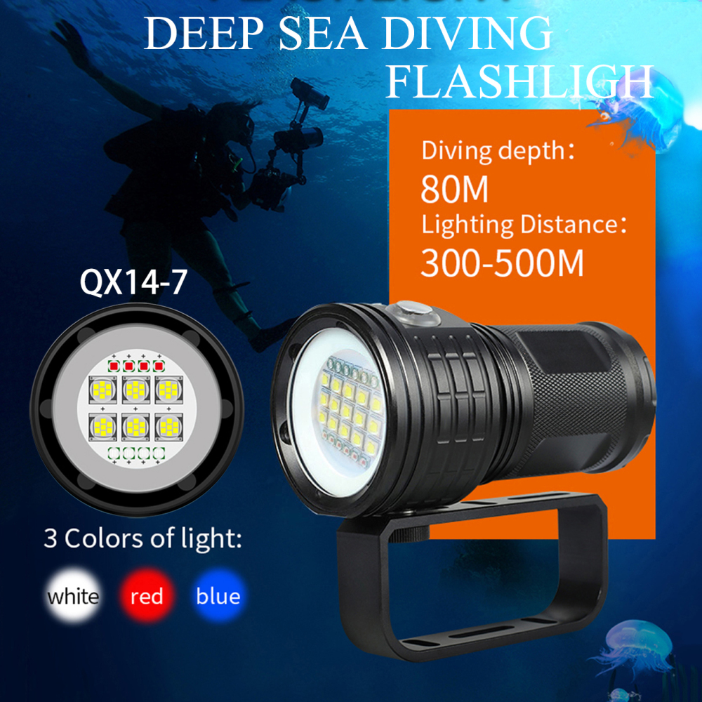 QX27 300W Photography Fill Light Diving Flashlight Red Blue Light IPX8 Diving Depth of 80M