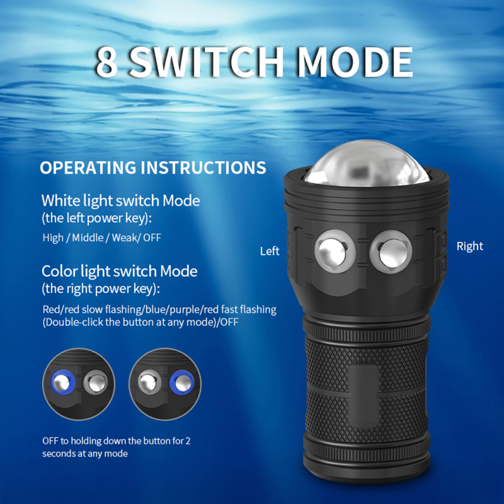 QX5-COB Photography Fill Light Diving Flashlight Red Blue Purple Light IPX8 Diving Depth of 80M