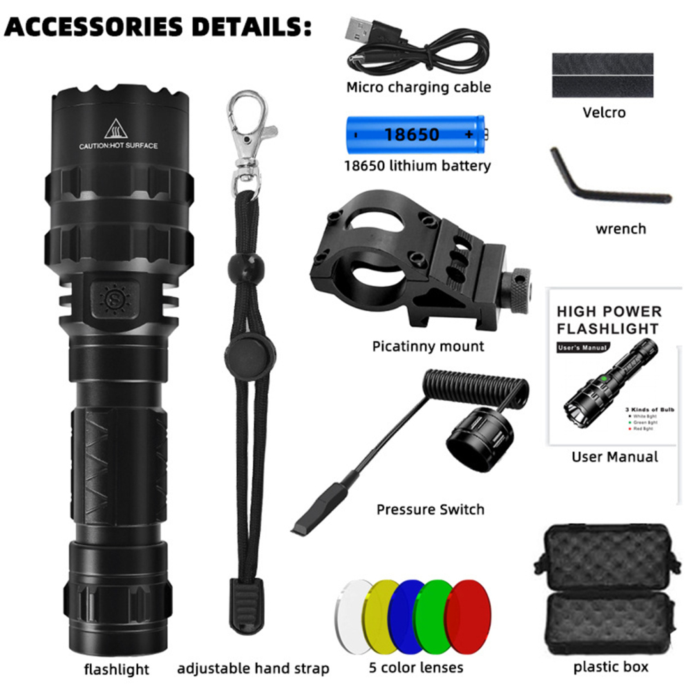 JF1102 5 Colors Tactical Flashlight 10W  XML-L2 LED Pressure Switch Rail Bracket