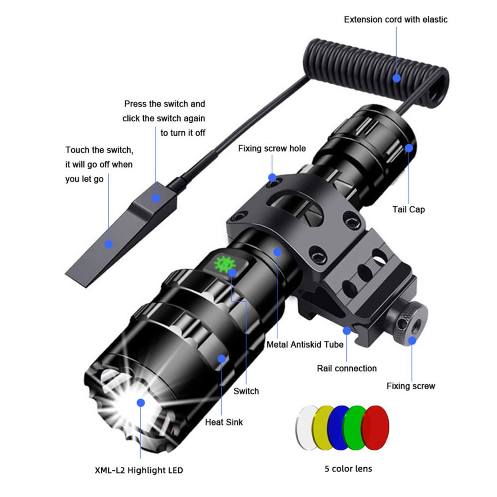 JF1102 5 Colors Tactical Flashlight 10W  XML-L2 LED Pressure Switch Rail Bracket