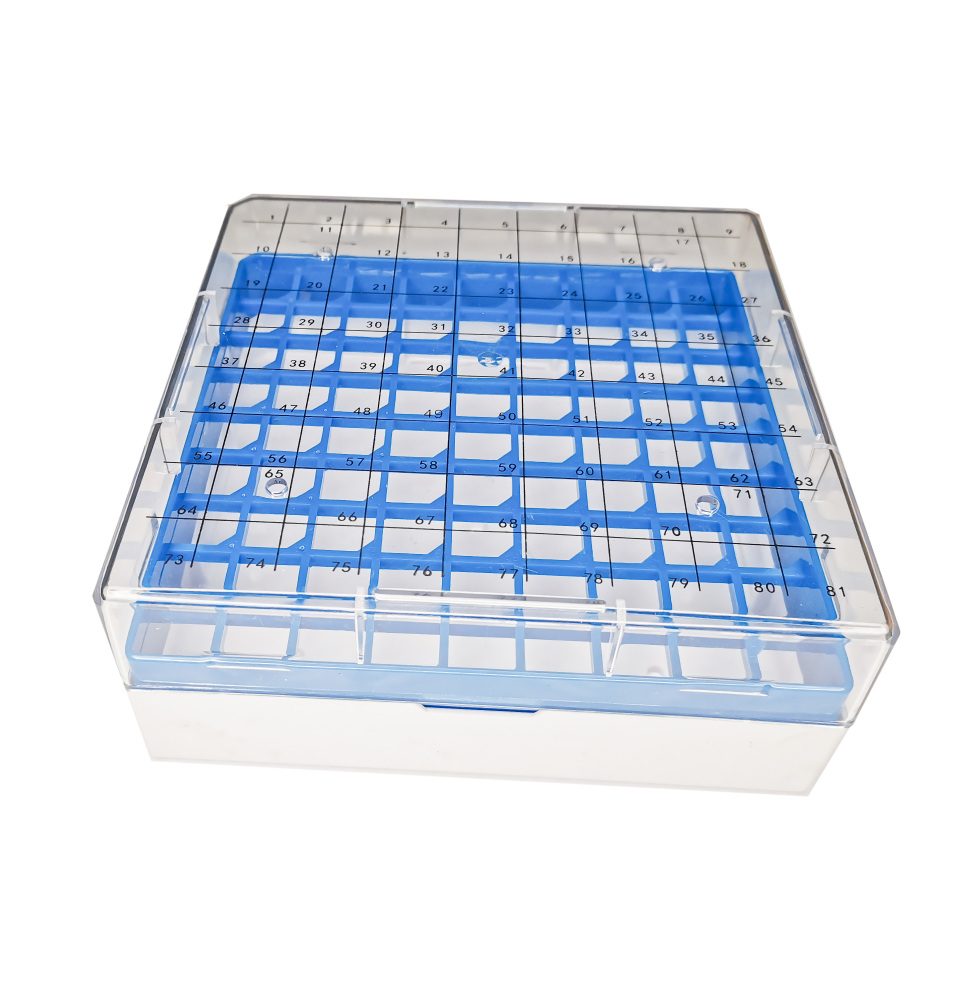 Polycarbonate hypothermia Boxes, Polycarbonate CryoBox Vial Rack, hypothermia Storage, 9 x 9 Array, 81 Place, 130mm Length x 130mm Width x 52mm Height.