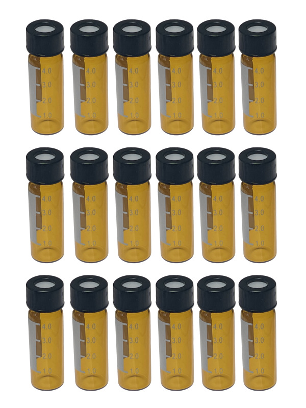 MUHWA 4ml Amber HPLC Vials, 13-425 Lab Autosampler Vials with Writing Area and Graduations, Black Screw Cap with Hole, Red PTFE and White Silicone Septa, 100 Pcs/Pack, MH4AVA