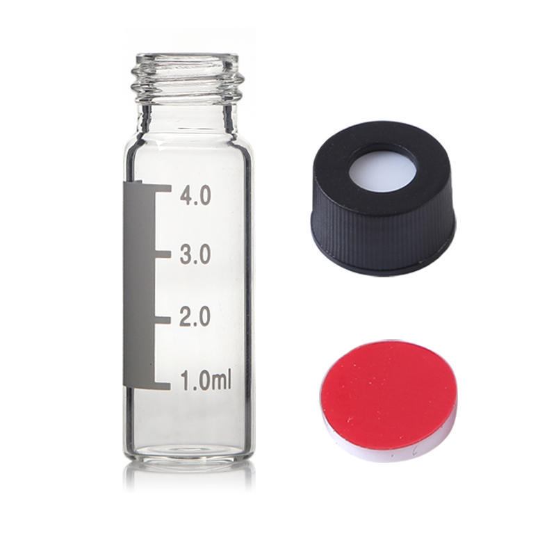 4ml Clear HPLC Vials, 13-425 Lab Autosampler Vials with Writing Area and Graduations, Black Screw Cap with Hole, Red PTFE and White Silicone Septa, 100 Pcs/Pack, MH4AV