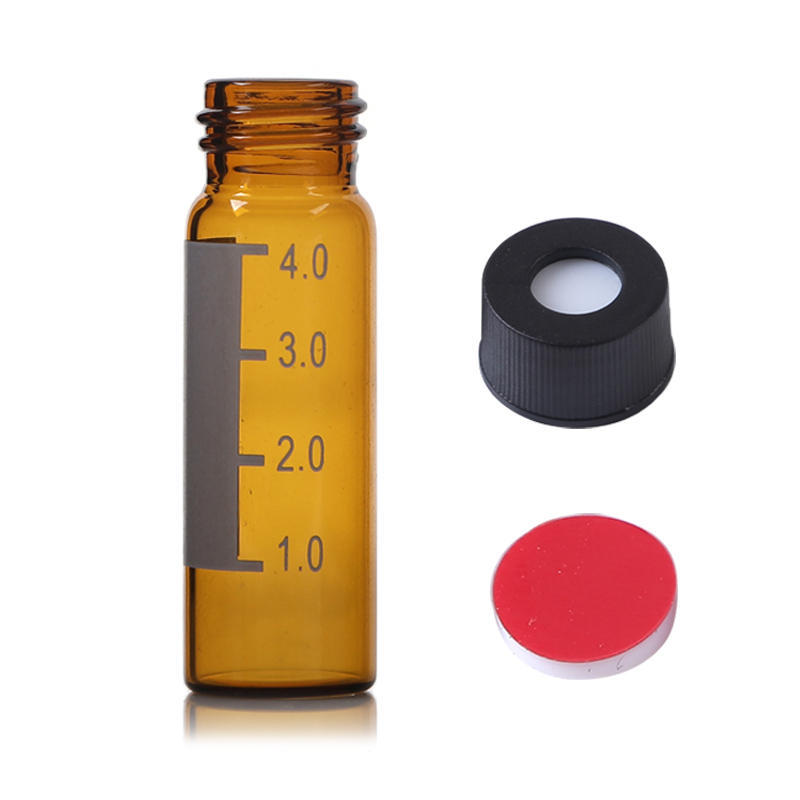 MUHWA 4ml Amber HPLC Vials, 13-425 Lab Autosampler Vials with Writing Area and Graduations, Black Screw Cap with Hole, Red PTFE and White Silicone Septa, 100 Pcs/Pack, MH4AVA