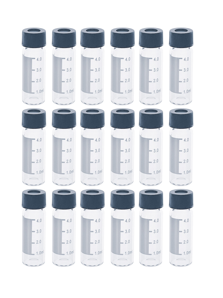 4ml Clear HPLC Vials, 13-425 Lab Autosampler Vials with Writing Area and Graduations, Black Screw Cap with Hole, Red PTFE and White Silicone Septa, 100 Pcs/Pack, MH4AV