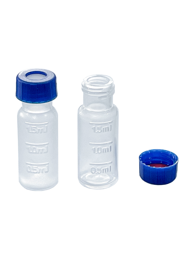 MUHWA Polypropylene Vial with Cap and PTFE/Silicone Septum, 12 x 32 mm Screw Neck, 100/pk