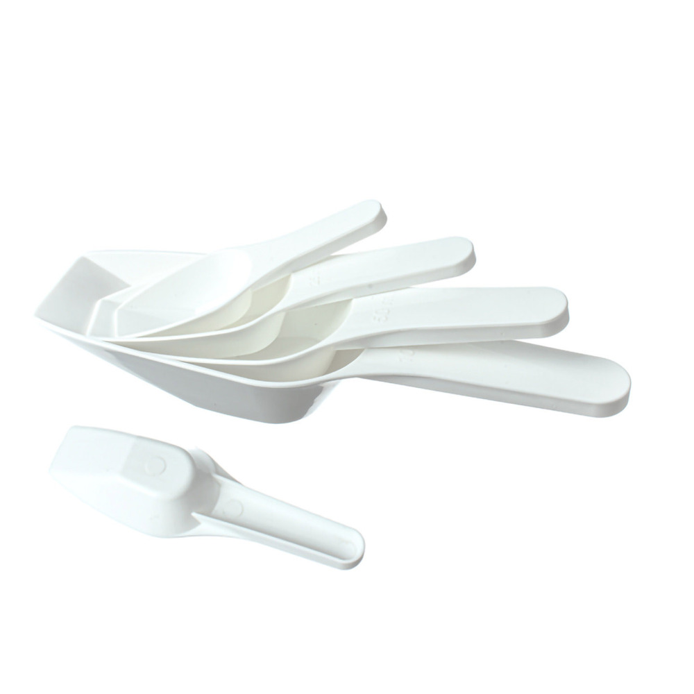 Measuring Scoop,Capacity 10ml/ 25ml/ 50ml/ 100ml/ 250ml, White Flat-Bottomed Weighing Spoon, PP
