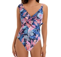 Printed Ruffle V-Neck One-piece Swimsuit