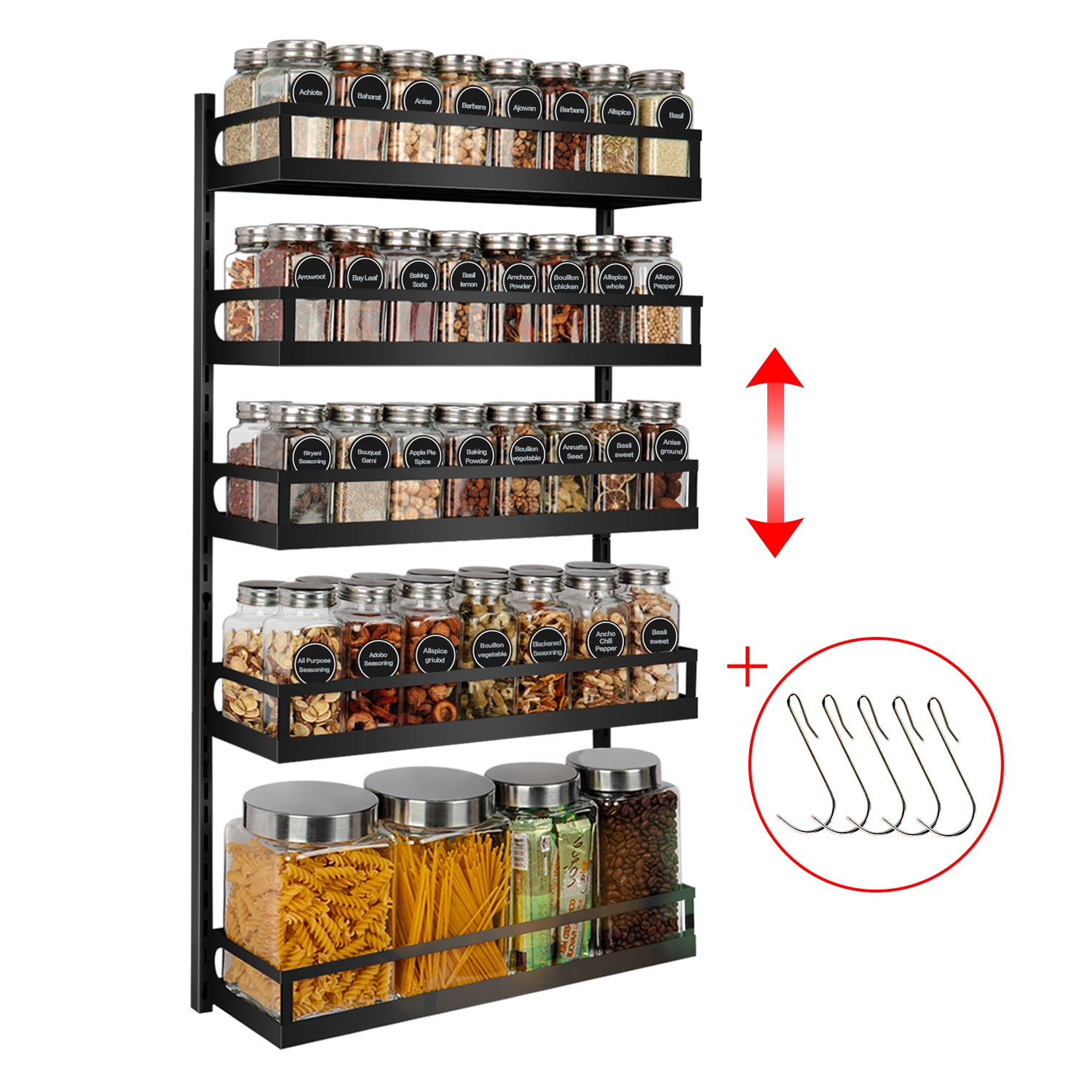5 Tier Adjustable Hanging Spice Rack Wall Mounted