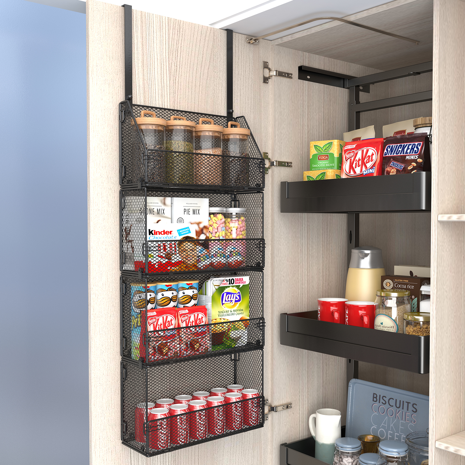 4 Tiers Hanging Spice Rack with Adjustable and Foldable Metal Wire Basket