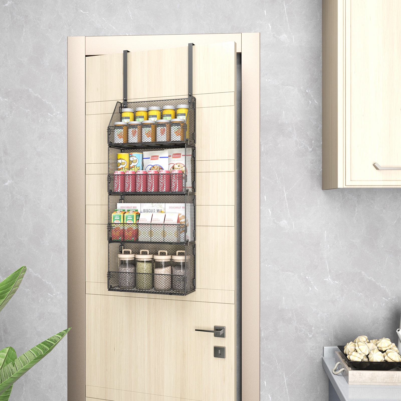 4 Tiers Hanging Spice Rack with Adjustable and Foldable Metal Wire Basket