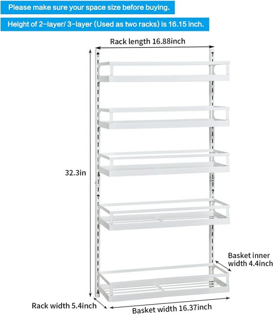 5 Tier Adjustable Hanging Spice Rack Wall Mounted White