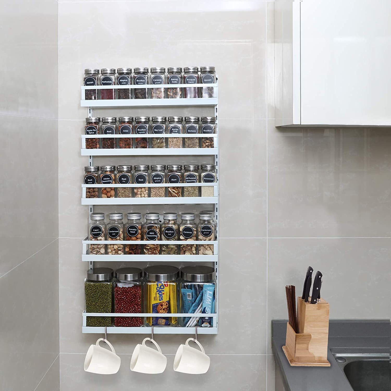 5 Tier Adjustable Hanging Spice Rack Wall Mounted White