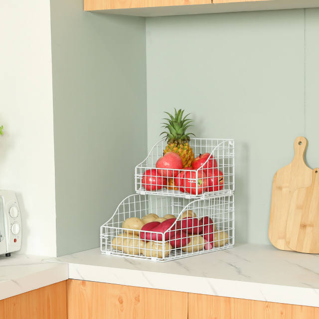 2 Tier Large Stackable Countertop Wire Baskets White,