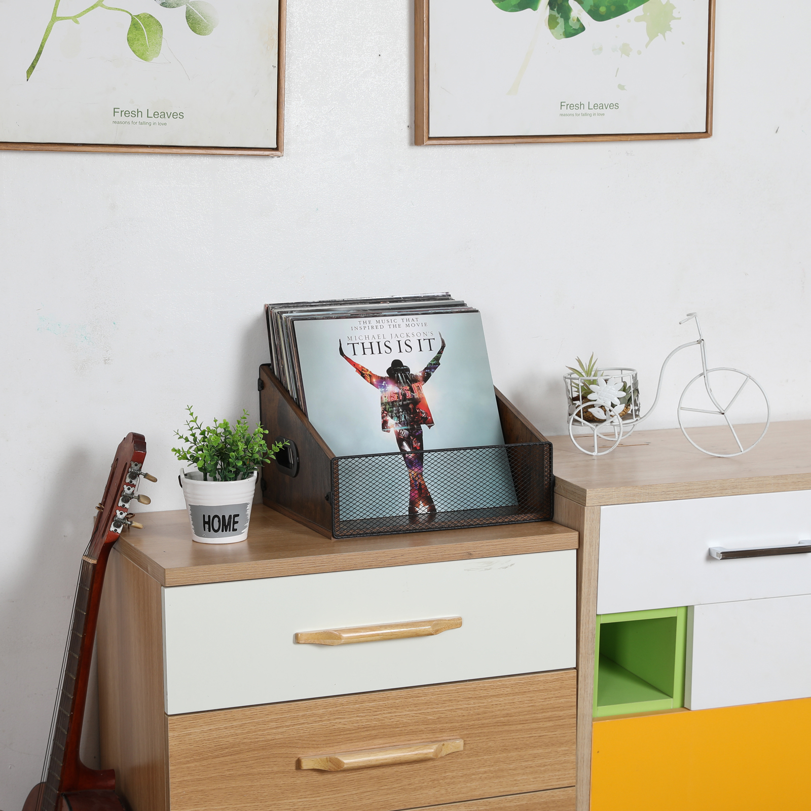 Wood & Metal Record Storage Holder Trapezoidal Crate with Handle