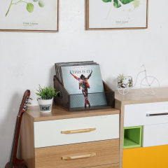 Wood & Metal Record Storage Holder Trapezoidal Crate with Handle