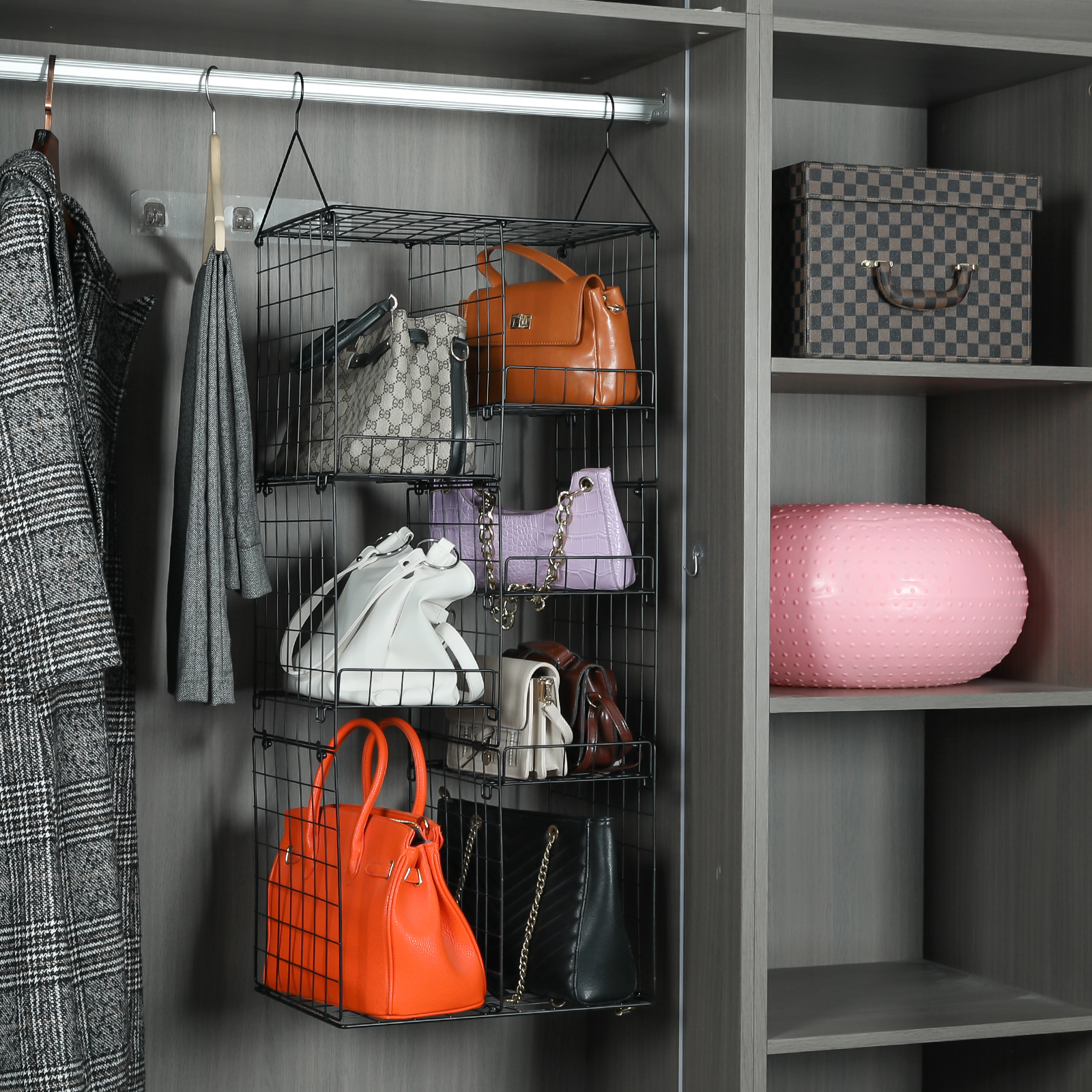 Hanging Handbag Purse Organizer for Closet with 5 Adjustable Shelves