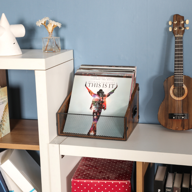 Wood & Metal Record Storage Holder Trapezoidal Crate with Handle