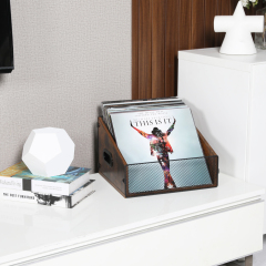 Wood & Metal Record Storage Holder Trapezoidal Crate with Handle