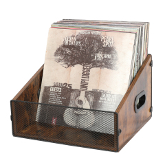 Wood & Metal Record Storage Holder Trapezoidal Crate with Handle