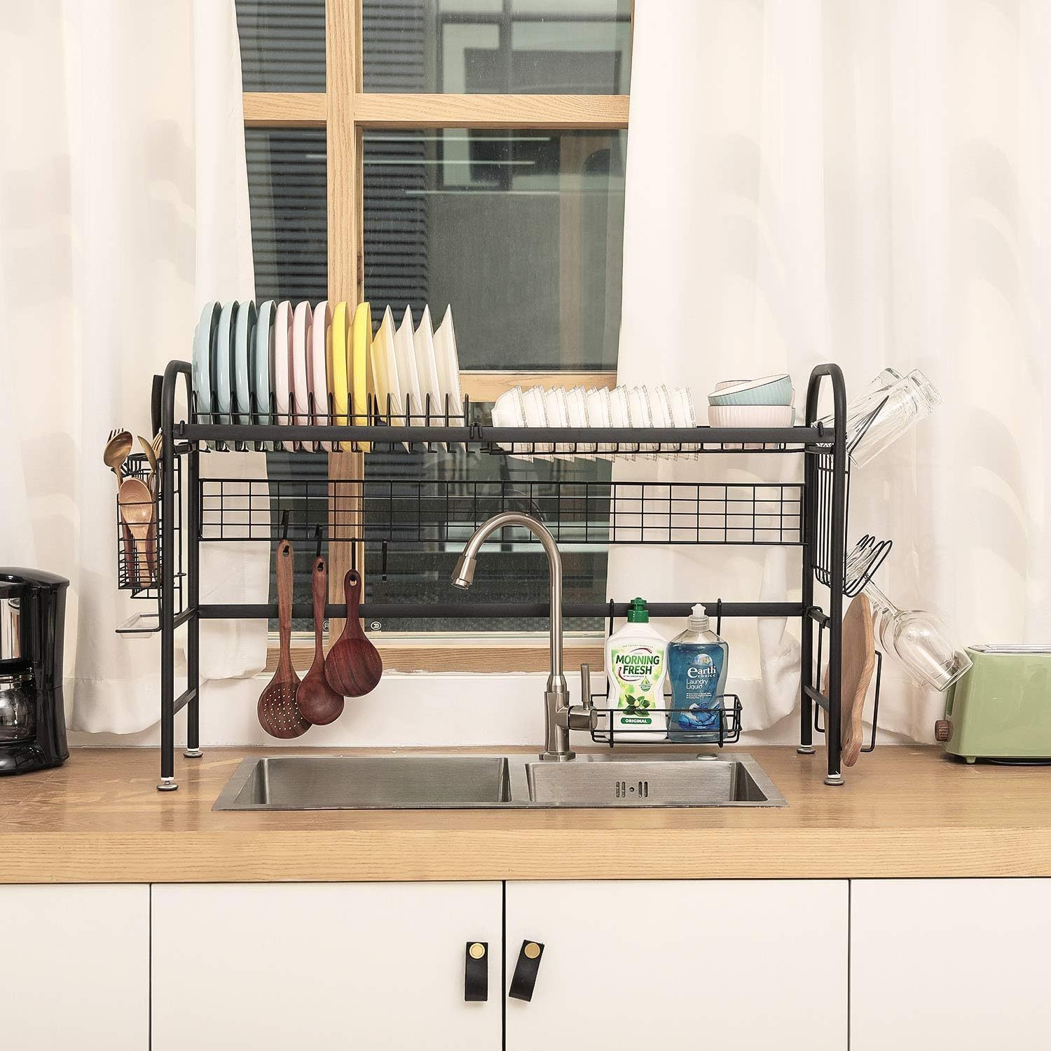 Dish Drying Rack Over The Sink with 5 Utility Hooks Shelf Utensils Holder