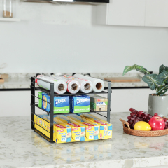 3-Tier Adjustable Stackable Multifunctional Kitchen Wrap Organizer Rack  for Kitchen Cabinet Pantry