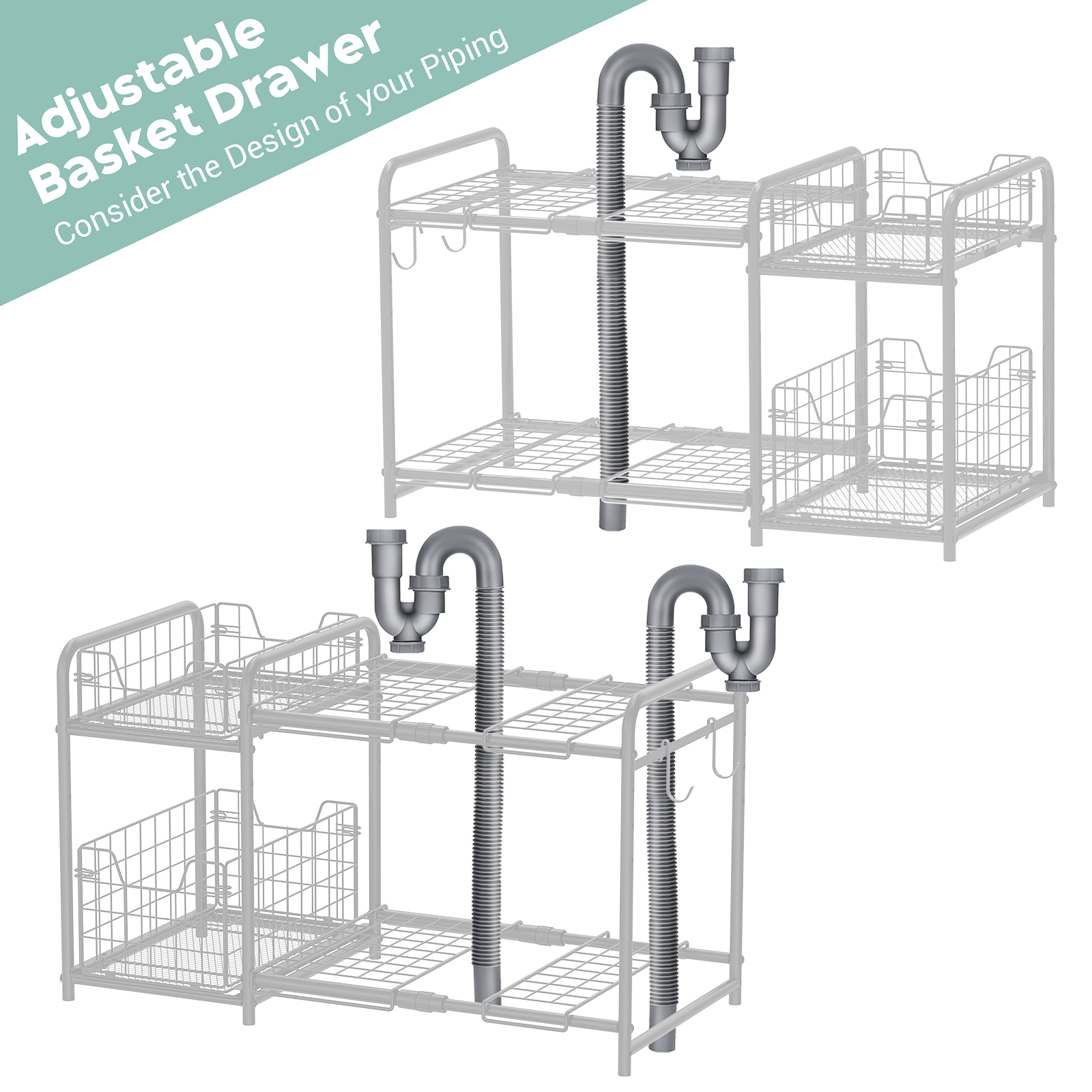 Under Sink Organizers  with Pull Out Drawer & Expandable Shelf and Storage  Metal Rack with Non-slip Feet
